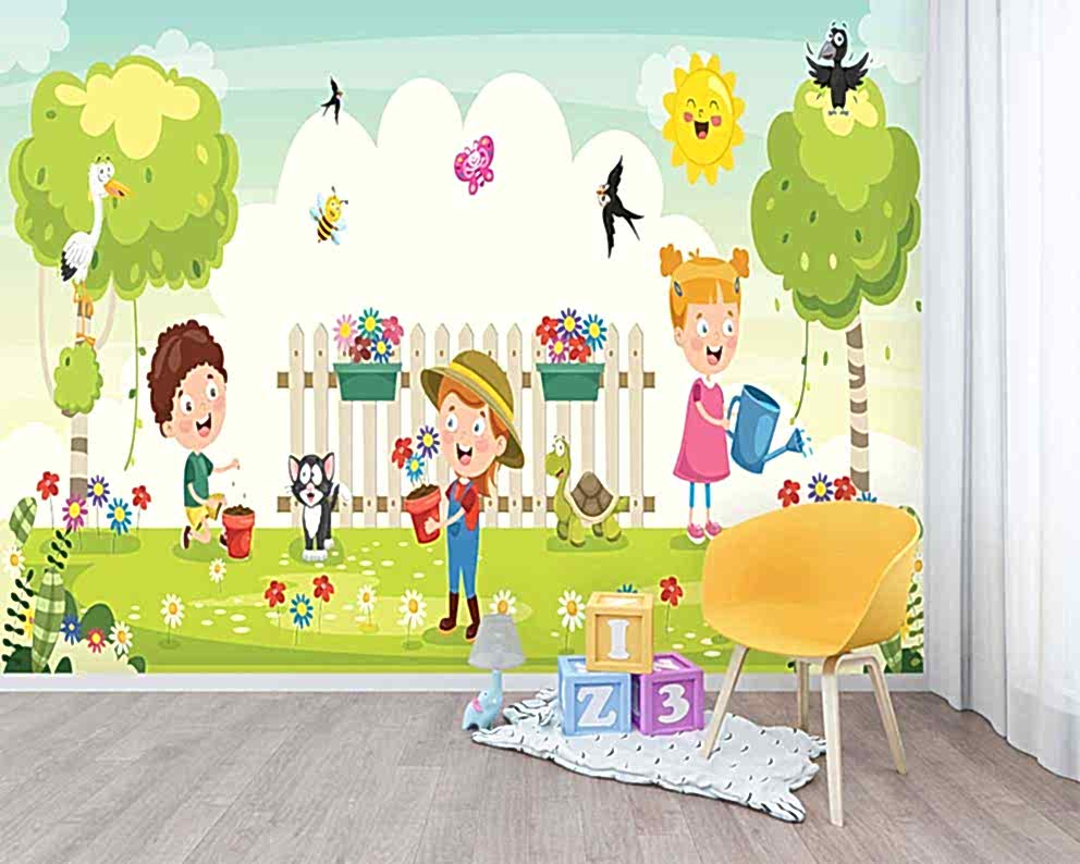 Çocuk Odası İçin Eğlenceli Bahçe Temalı Duvar Kağıdı