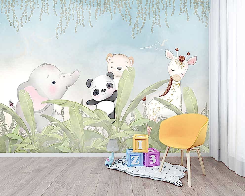 Jungle Hayvanları Temalı Duvar Kağıdı - Çocuk Odası İçin Sevimli ve Renkli Tasarım