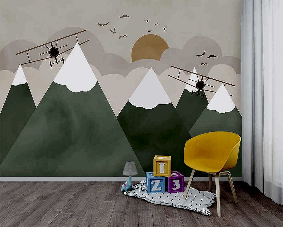Çocuk Odası Dağlar ve Uçaklar Desenli Duvar Kağıdı