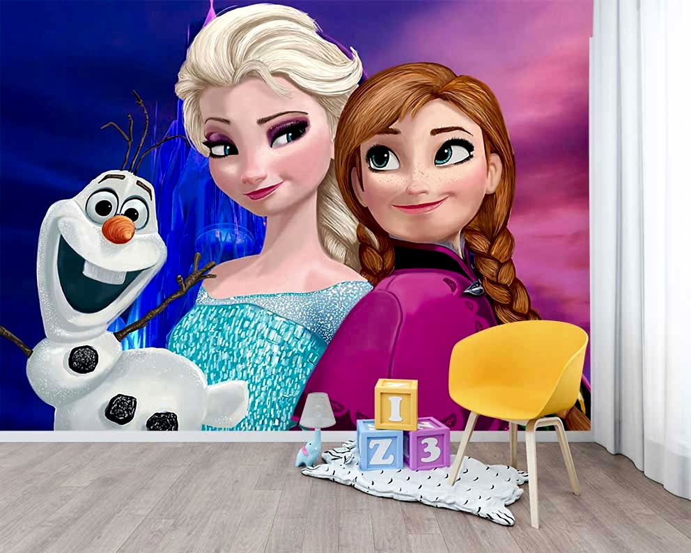Karlar Ülkesi Prensesleri ve Kardan Adam Temalı Çocuk Odası Duvar Kağıdı
