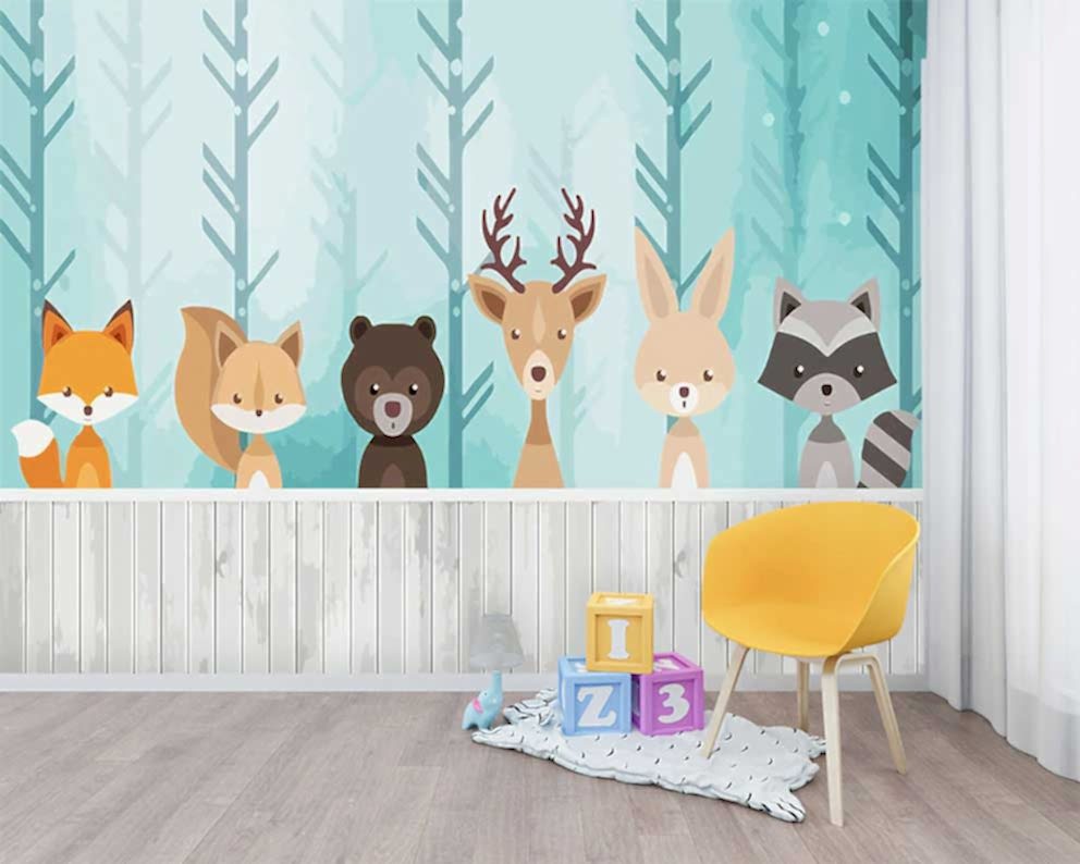 Çocuk Odası İçin Tasarım Orman Hayvanları Temalı Duvar Kağıdı