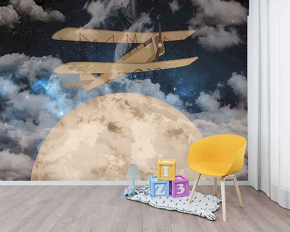 Gece Gökyüzünde Uçak Temalı Çocuk Odası Duvar Kağıdı