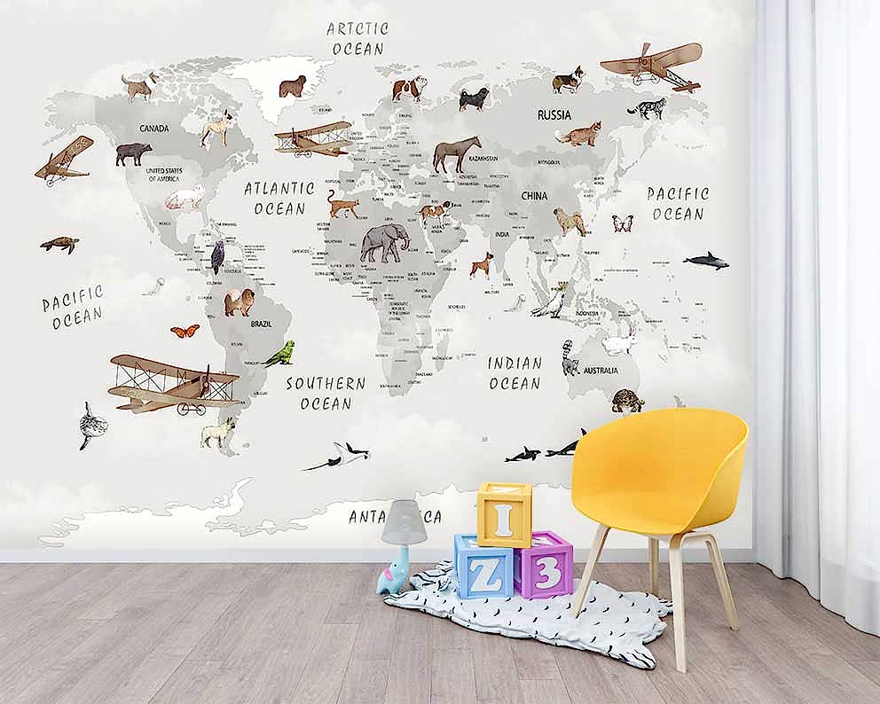 Çocuk Odası İçin Dünya Haritası ve Hayvanlar Desenli 3D Duvar Kağıdı