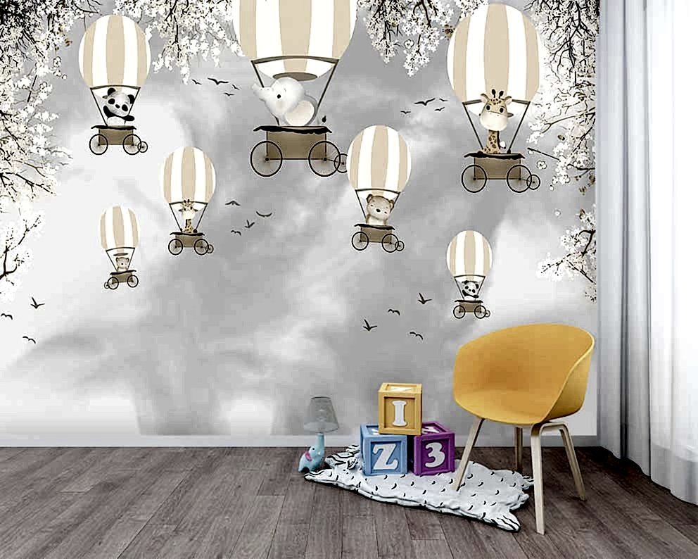 Çocuk Odası Duvar Kağıdı - Balonlar Üzerinde Sevimli Hayvanlar