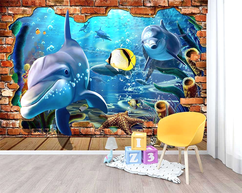 Denizaltı Dünyası ve Yunuslar Temalı Çocuk Odası 3D Poster Duvar Kağıdı