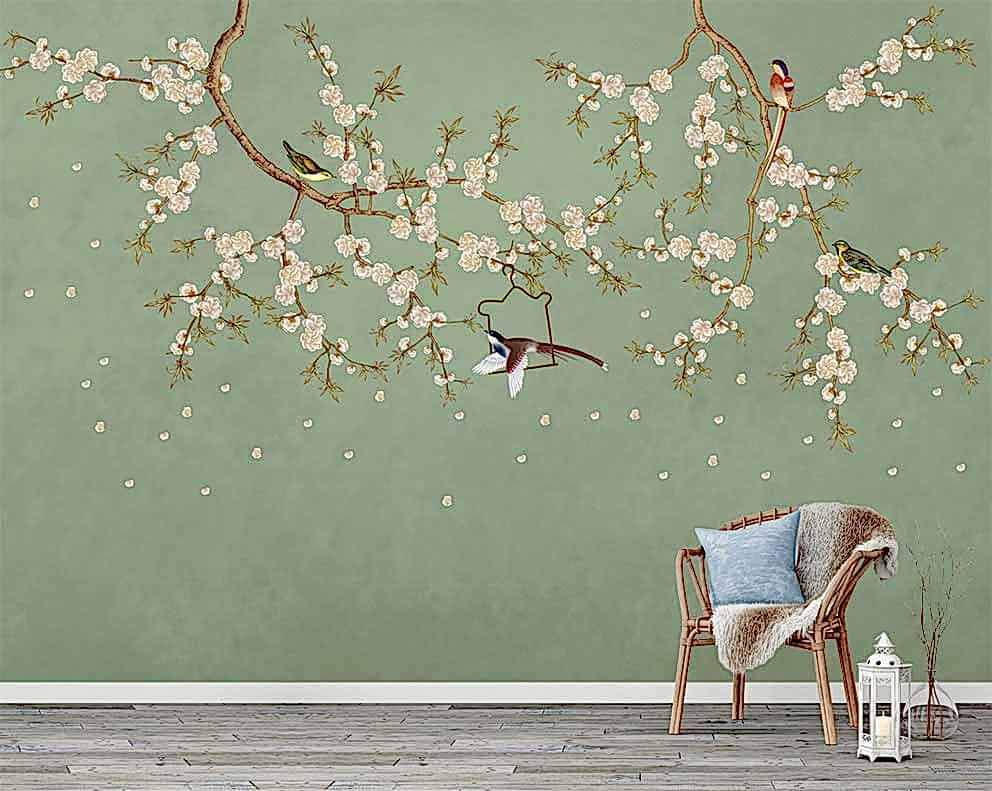 Yeşil Arka Plan Üzerinde Çiçekli Dallar ve Kuşlar 3D Duvar Kağıdı