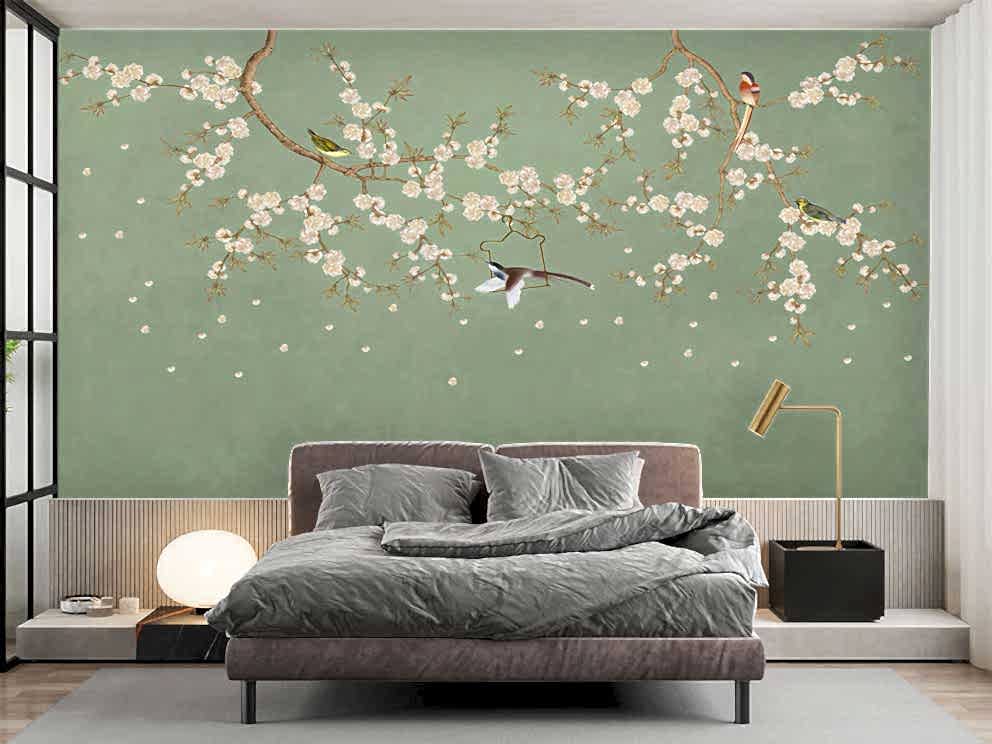 Yeşil Arka Plan Üzerinde Çiçekli Dallar ve Kuşlar 3D Duvar Kağıdı - Görsel 2