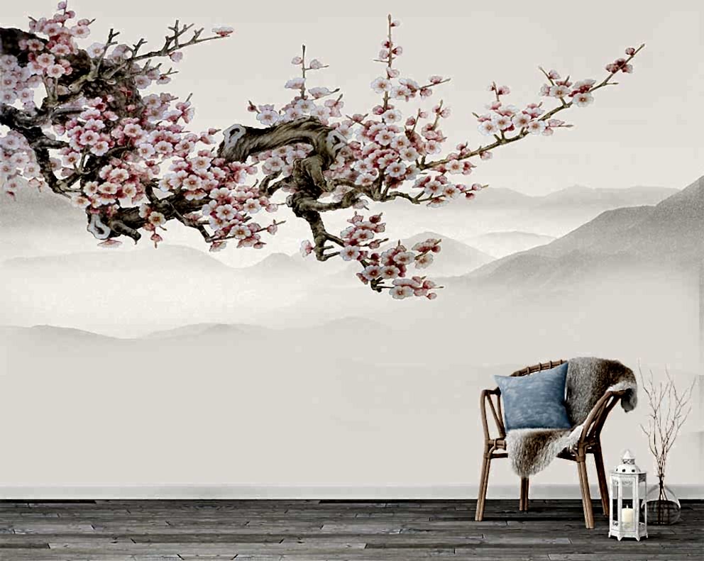 Pembe Kiraz Çiçeği ve Dağ Manzaralı 3D Duvar Kağıdı