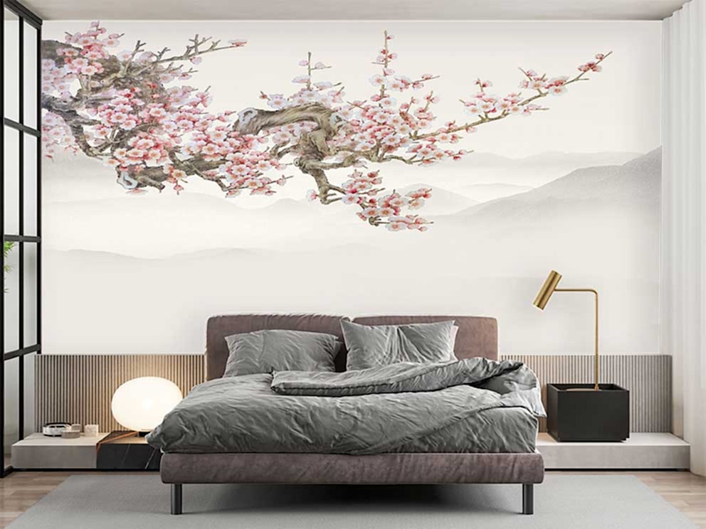 Pembe Kiraz Çiçeği ve Dağ Manzaralı 3D Duvar Kağıdı - Görsel 2