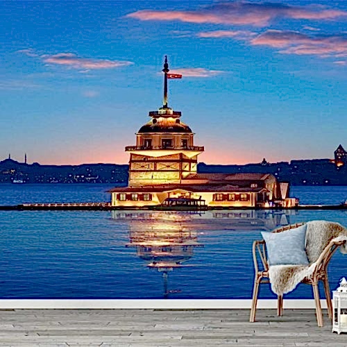 Kız Kulesi Gece Manzaralı Duvar Kağıdı – İstanbul Boğazı’nda Romantik Atmosfer Poster