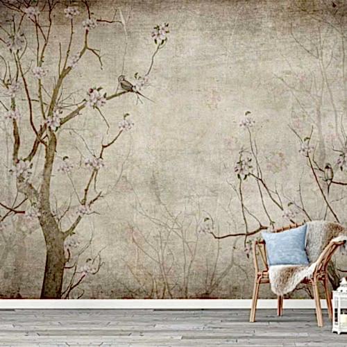 Vintage Çiçekli Ağaç Desenli Duvar Kağıdı