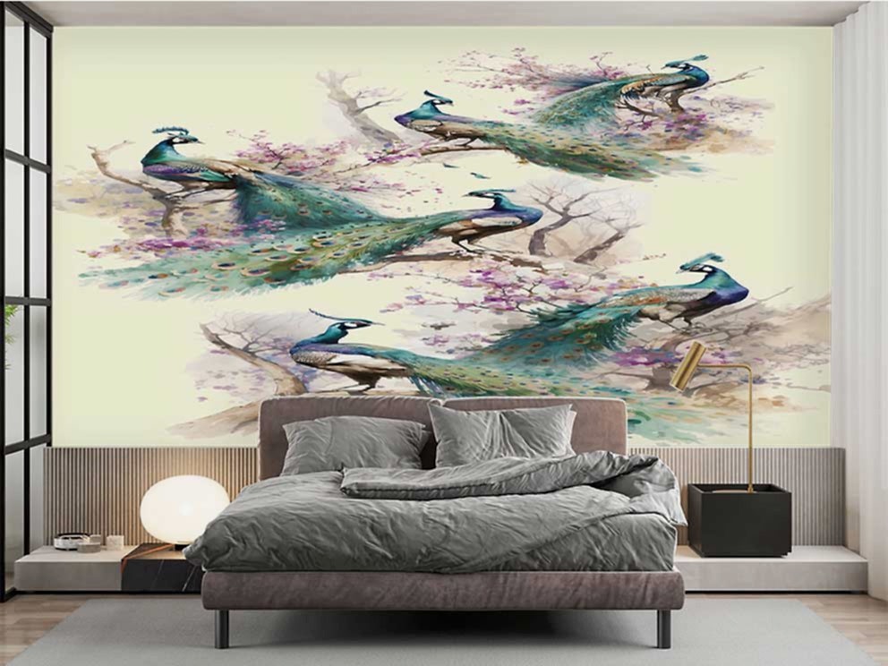 Renkli Tavus Kuşu ve Çiçek Desenli Duvar Kağıdı - Görsel 2