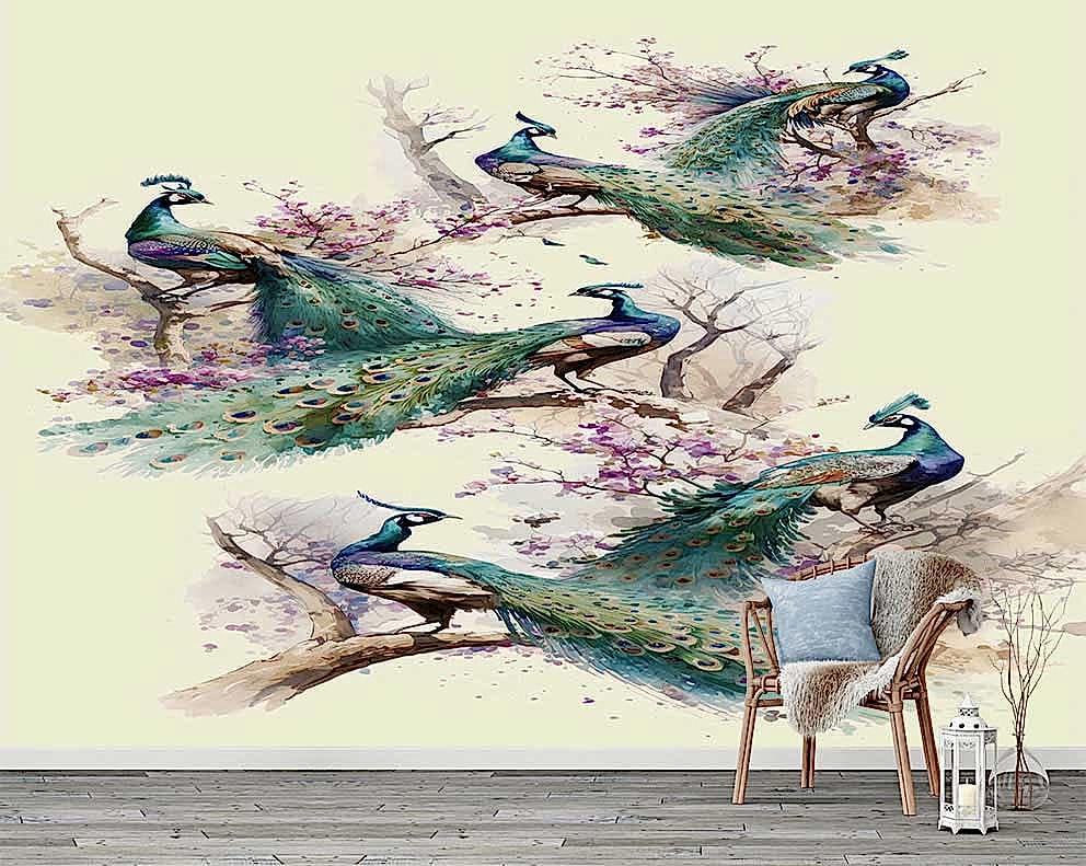 Renkli Tavus Kuşu ve Çiçek Desenli Duvar Kağıdı