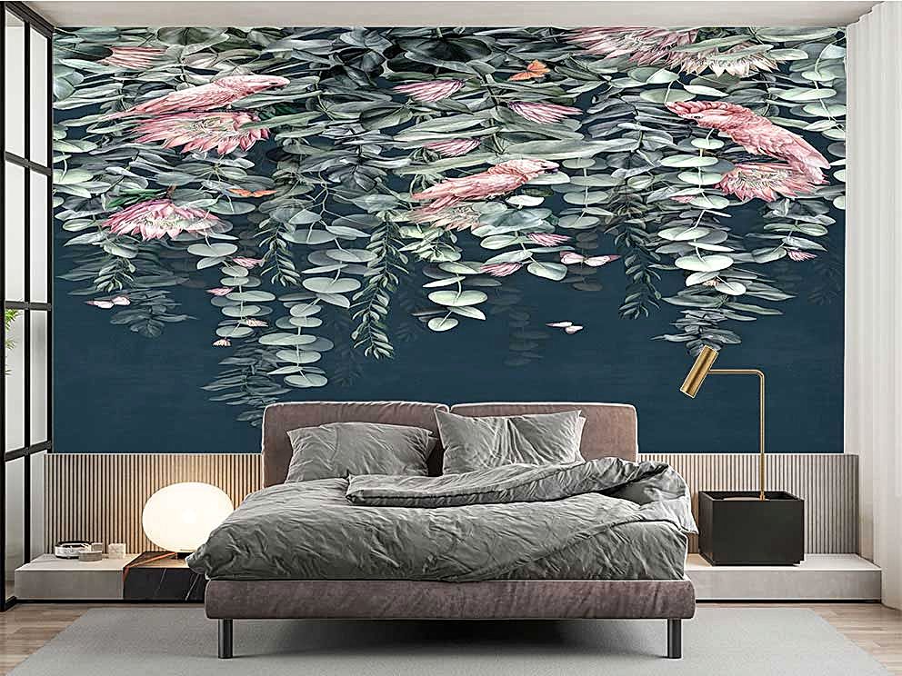 Bej Zeminli Tropikal Yapraklar ve Pembe Kuş Desenli Duvar Kağıdı - Görsel 2