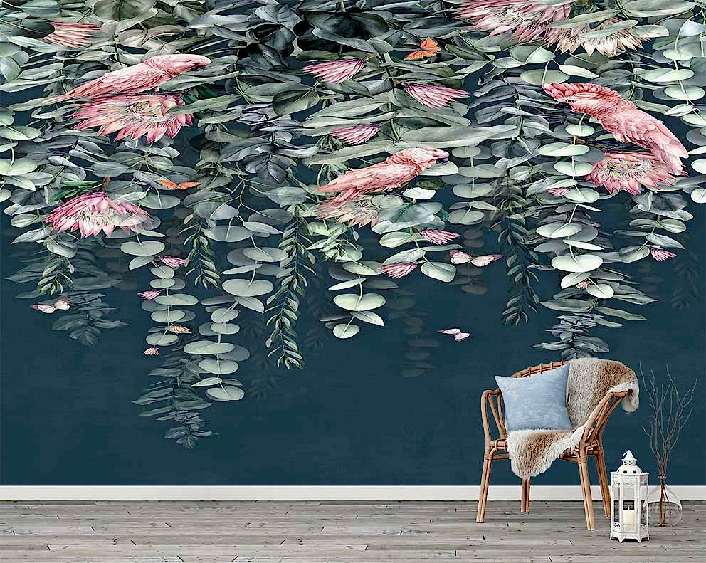 Bej Zeminli Tropikal Yapraklar ve Pembe Kuş Desenli Duvar Kağıdı