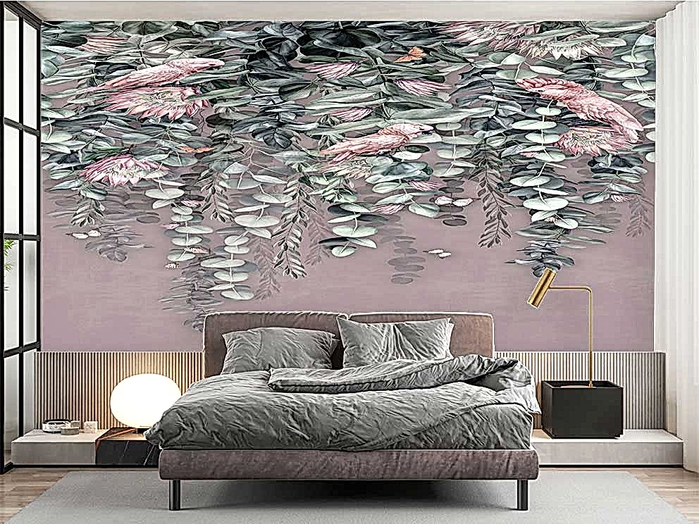 Pembe Bej Zeminli Tropikal Yapraklar ve Pembe Kuş Desenli Duvar Kağıdı - Görsel 2