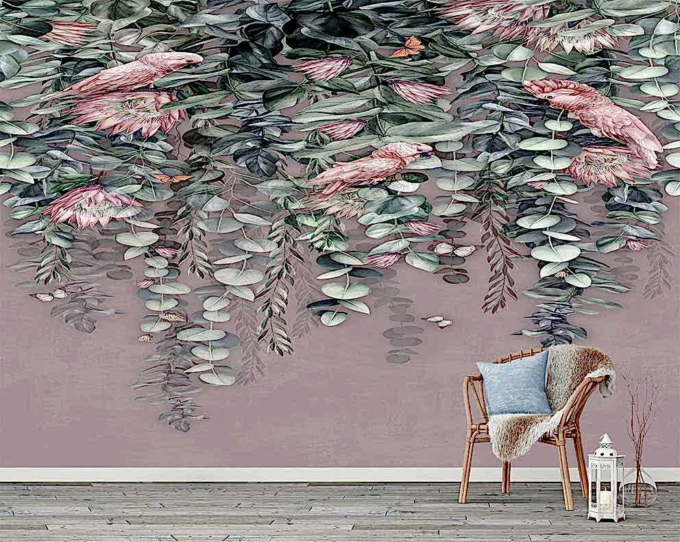 Pembe Bej Zeminli Tropikal Yapraklar ve Pembe Kuş Desenli Duvar Kağıdı
