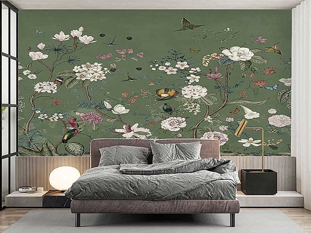 Yeşil Zemin Üzerine Çiçek ve Kuş Desenli Duvar Kağıdı - Görsel 2