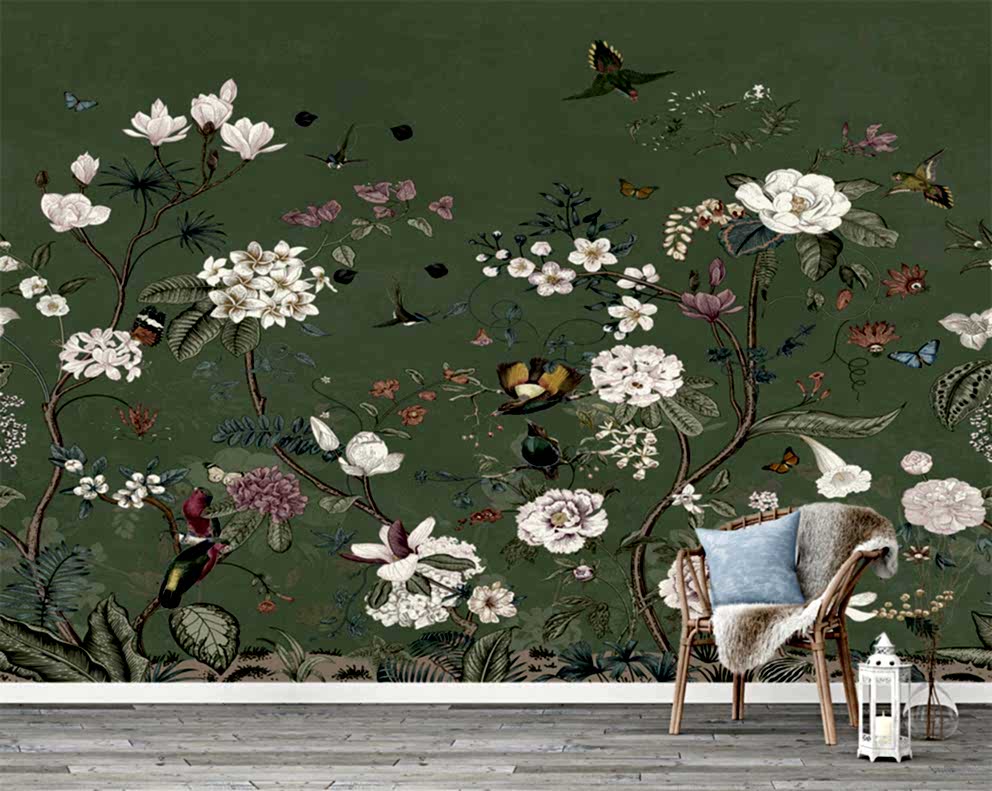 Yeşil Zemin Üzerine Çiçek ve Kuş Desenli Duvar Kağıdı