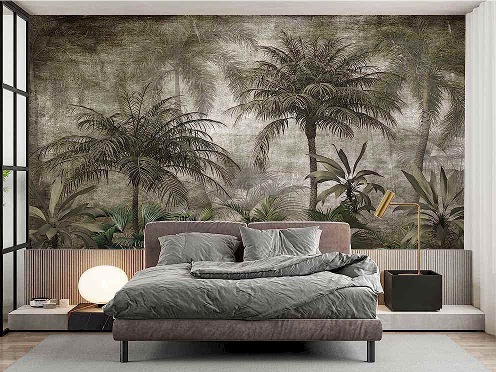 Ahşap Zemin Üzerinde Tropikal Orman Desenli Duvar Kağıdı - Görsel 2