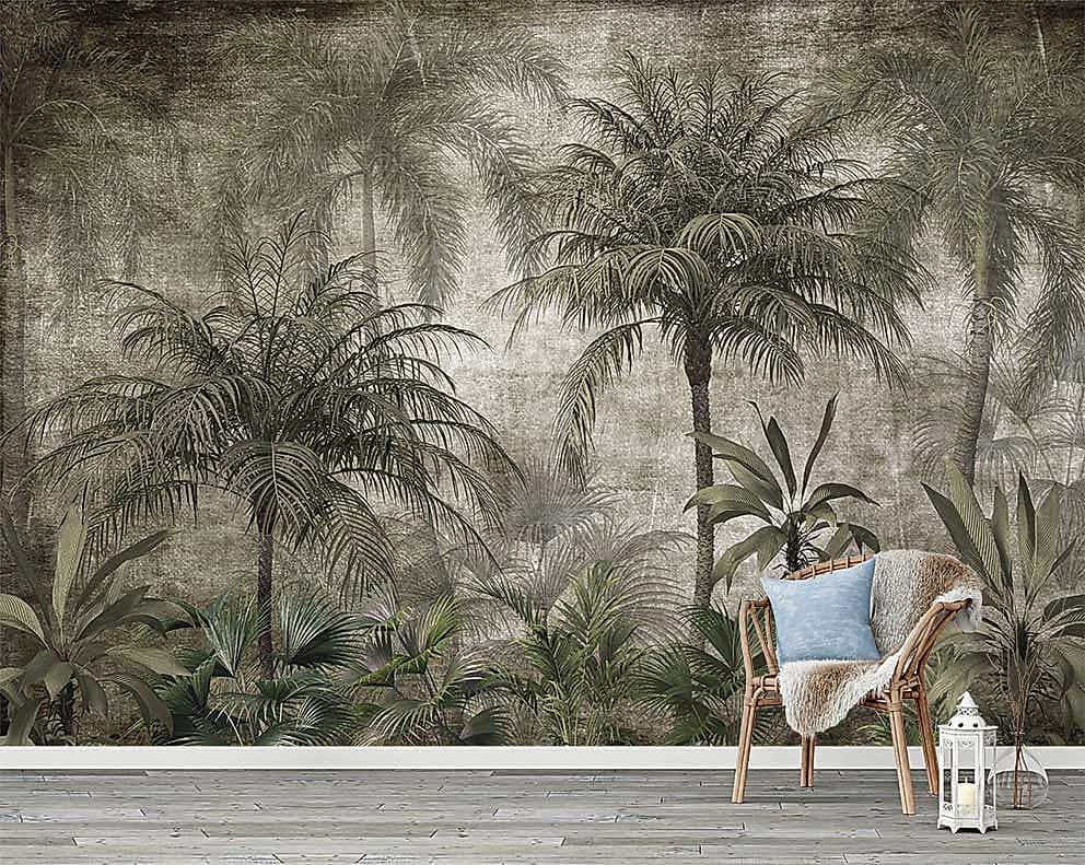 Ahşap Zemin Üzerinde Tropikal Orman Desenli Duvar Kağıdı