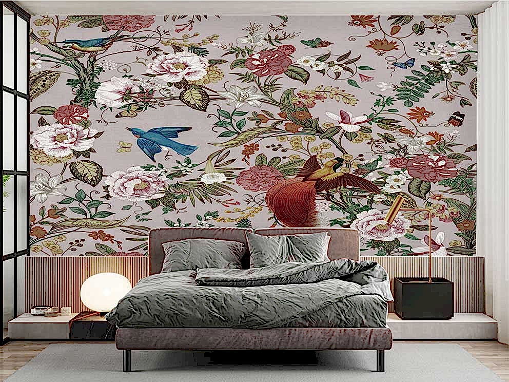 Vintage Çiçek ve Kuş Desenli 3D Duvar Kağıdı - Görsel 2
