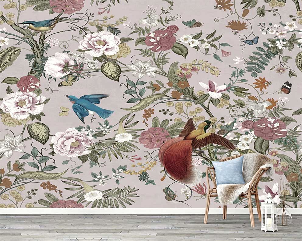 Vintage Çiçek ve Kuş Desenli 3D Duvar Kağıdı