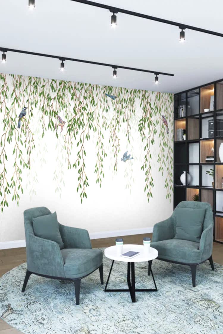 Asma Dalı ve Kuş Desenli Duvar Kağıdı - Görsel 2