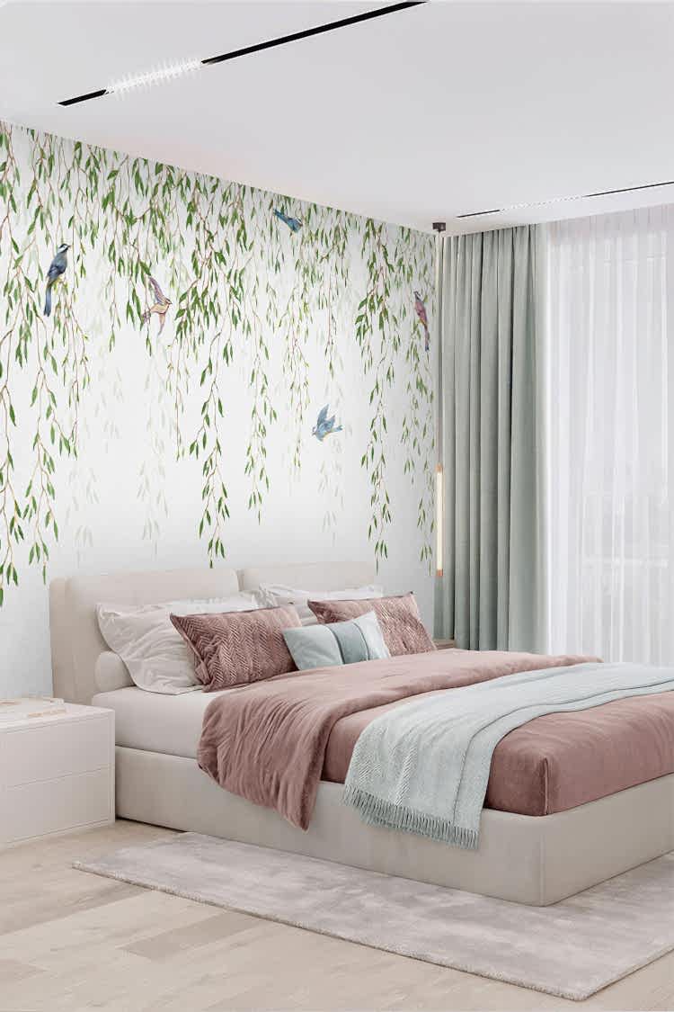 Asma Dalı ve Kuş Desenli Duvar Kağıdı - Görsel 5