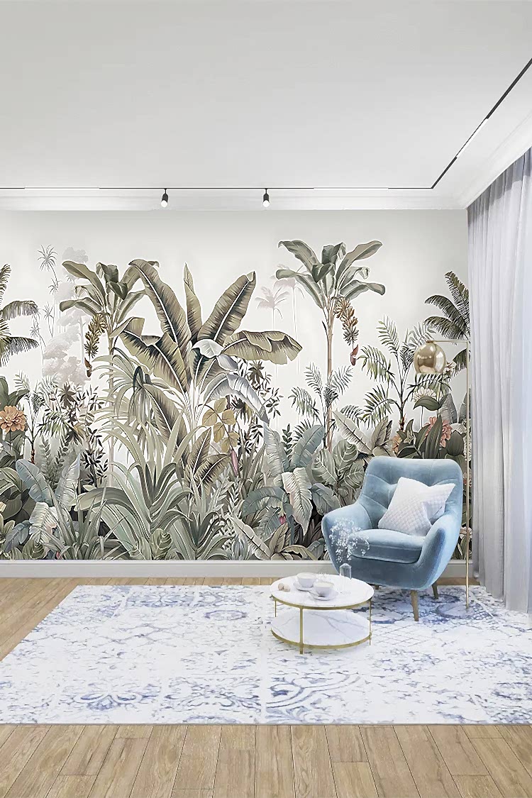 Tropikal Bitki ve Palmiye Desenli Duvar Kağıdı