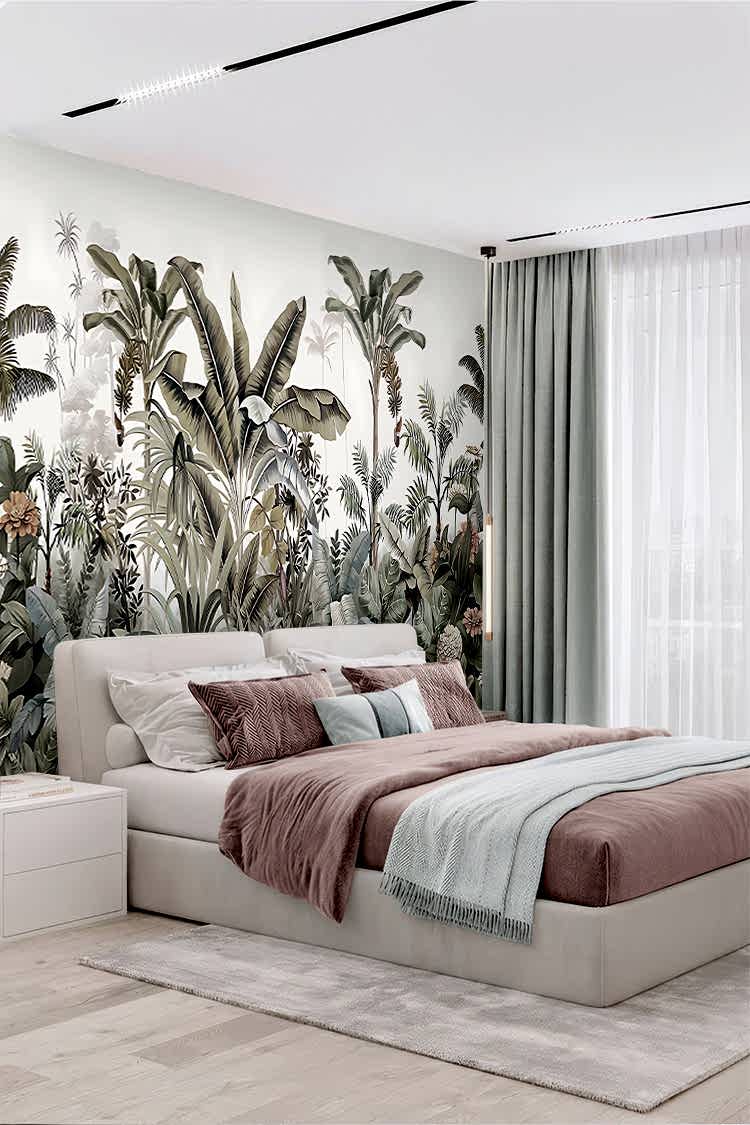 Tropikal Bitki ve Palmiye Desenli Duvar Kağıdı - Görsel 5