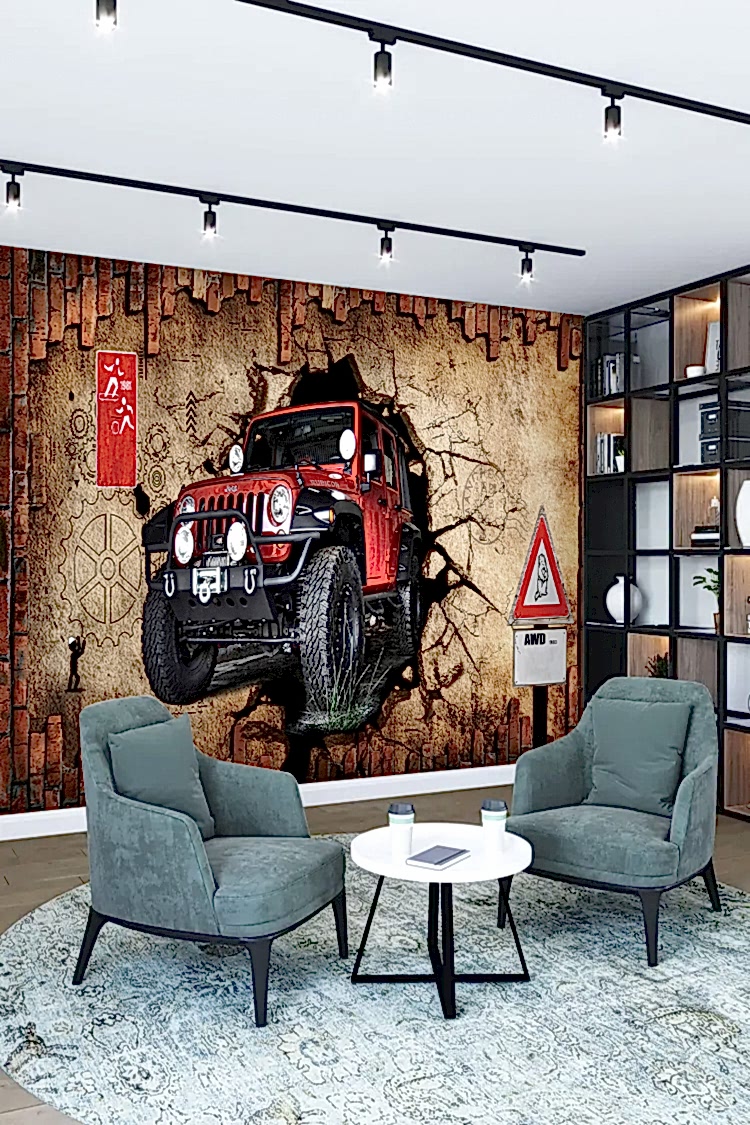 Kırmızı Off-Road Araba ve Duvar Çatlak Deseni ile Dinamik Duvar Kağıdı - Görsel 2