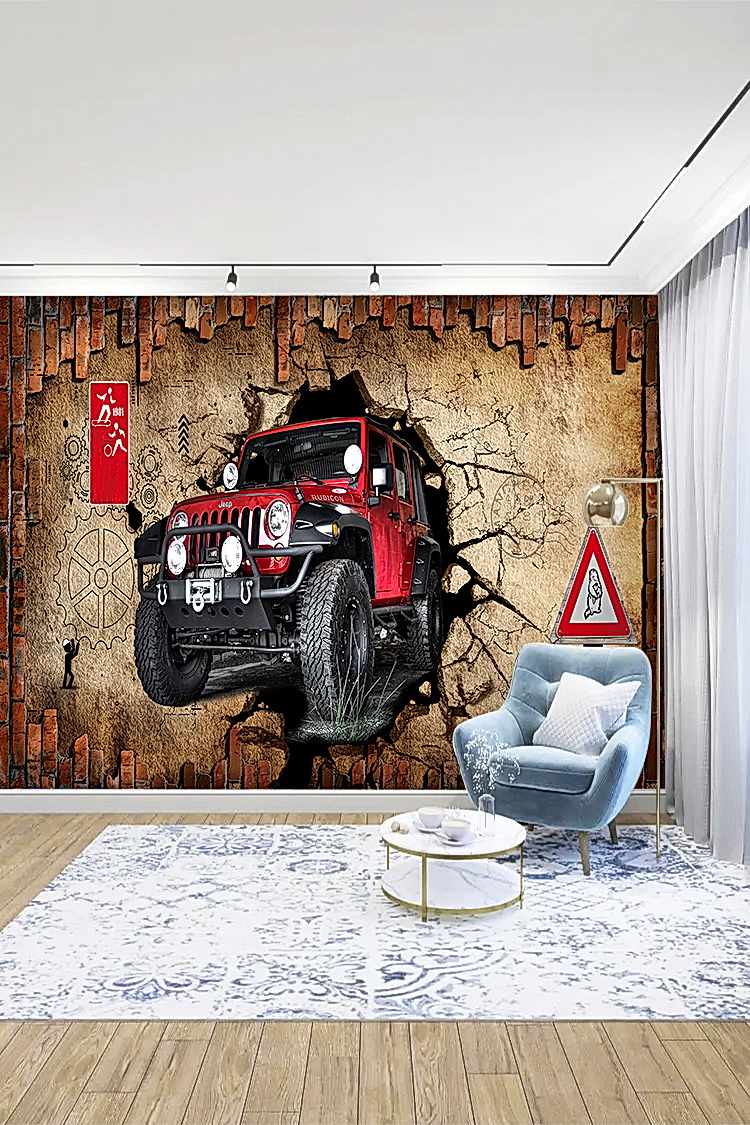 Kırmızı Off-Road Araba ve Duvar Çatlak Deseni ile Dinamik Duvar Kağıdı - Görsel 3