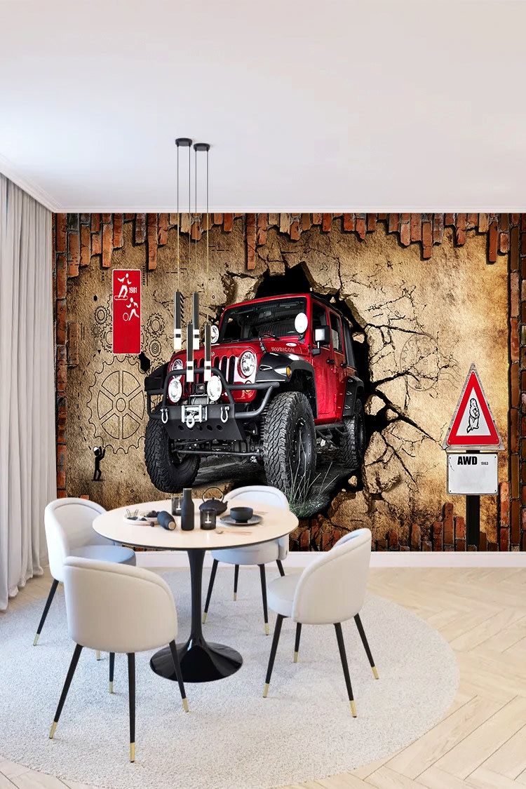 Kırmızı Off-Road Araba ve Duvar Çatlak Deseni ile Dinamik Duvar Kağıdı