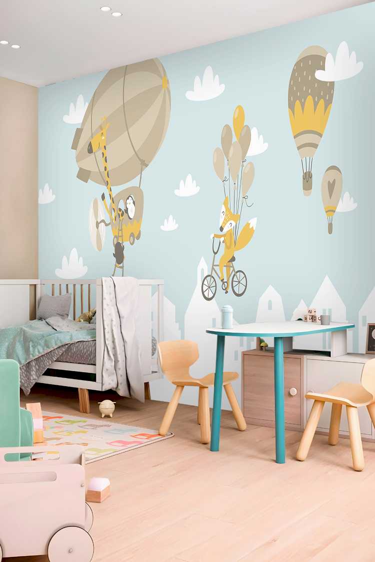 Renkli Sıcak Hava Balonları ve Eğlenceli Karakterler Duvar Kağıdı - Görsel 4