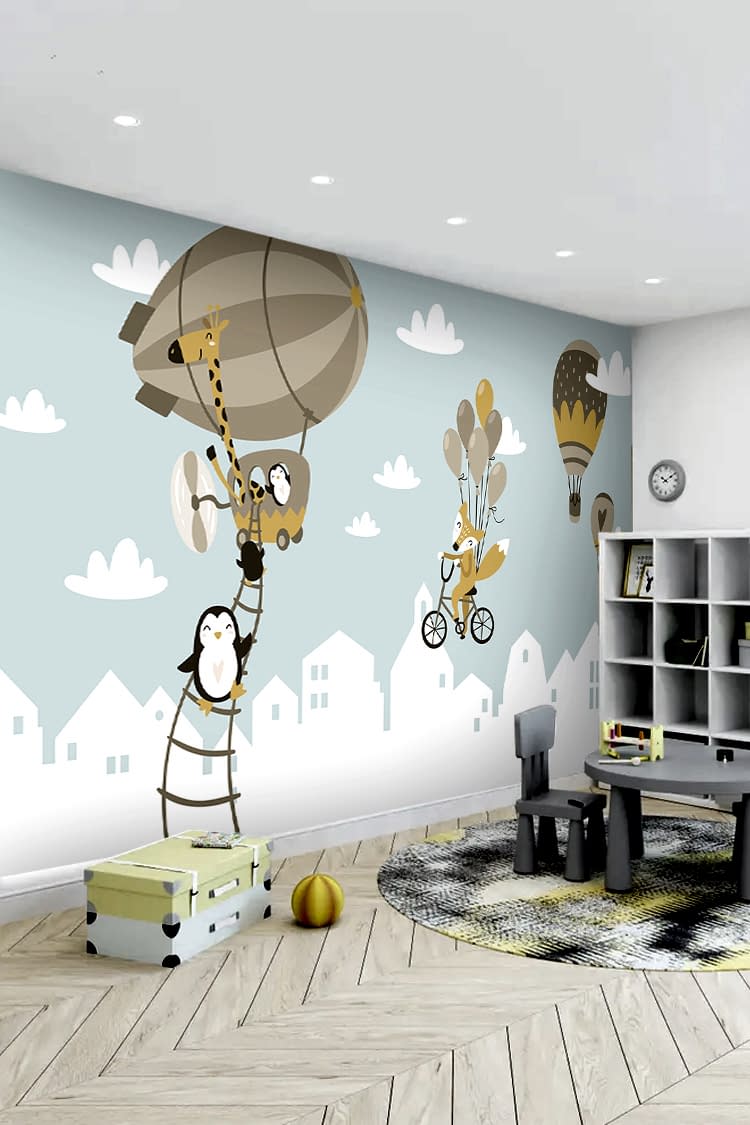 Renkli Sıcak Hava Balonları ve Eğlenceli Karakterler Duvar Kağıdı