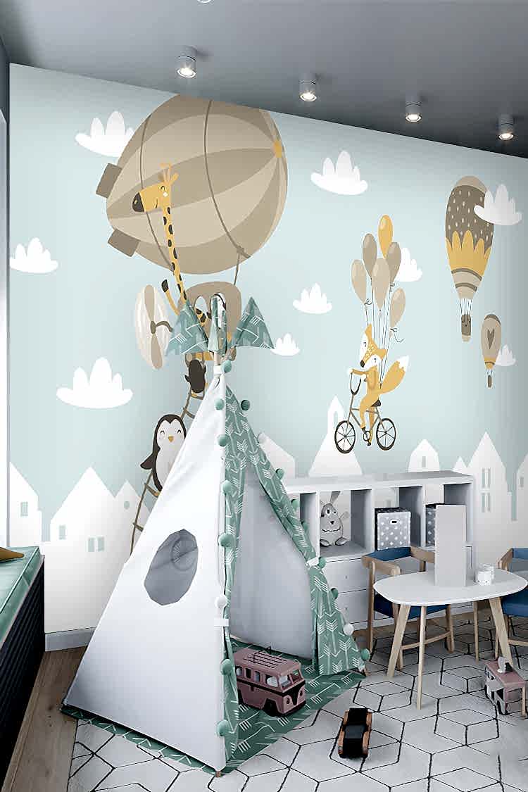 Renkli Sıcak Hava Balonları ve Eğlenceli Karakterler Duvar Kağıdı - Görsel 5