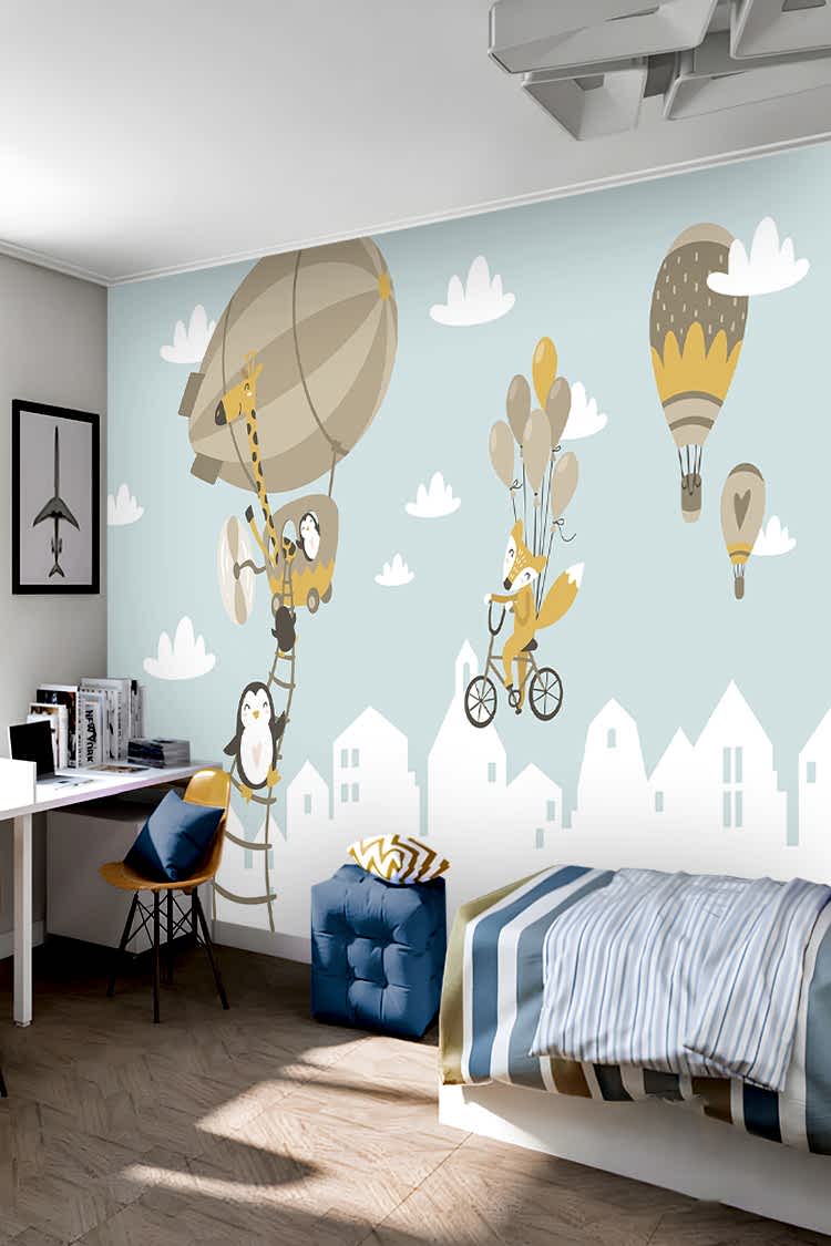 Renkli Sıcak Hava Balonları ve Eğlenceli Karakterler Duvar Kağıdı - Görsel 6