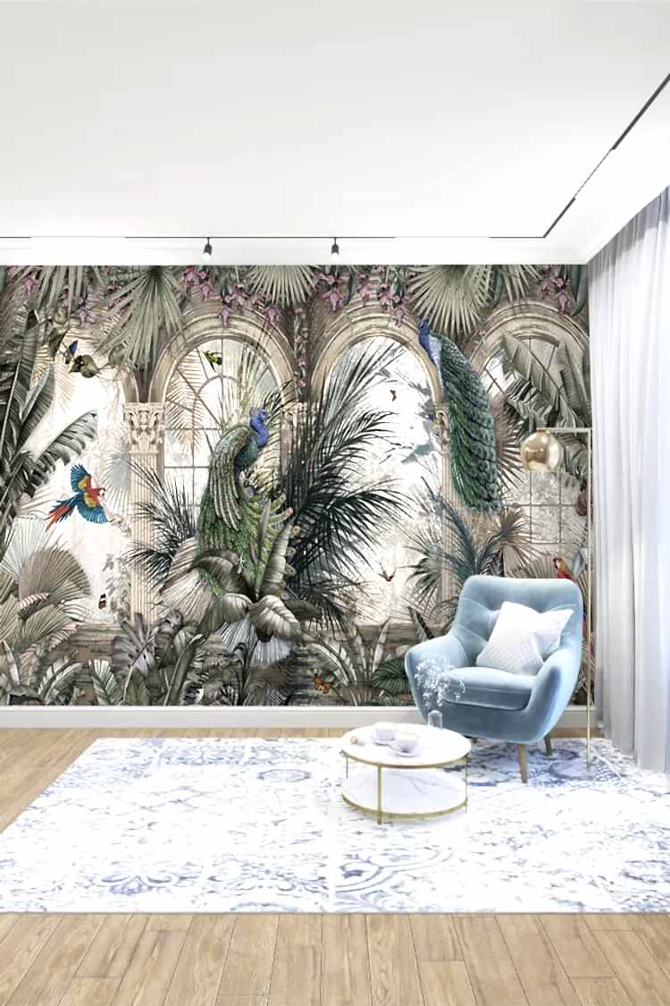 Egzotik Kuşlar ve Tropikal Bitkilerle Duvar Kağıdı - Görsel 3