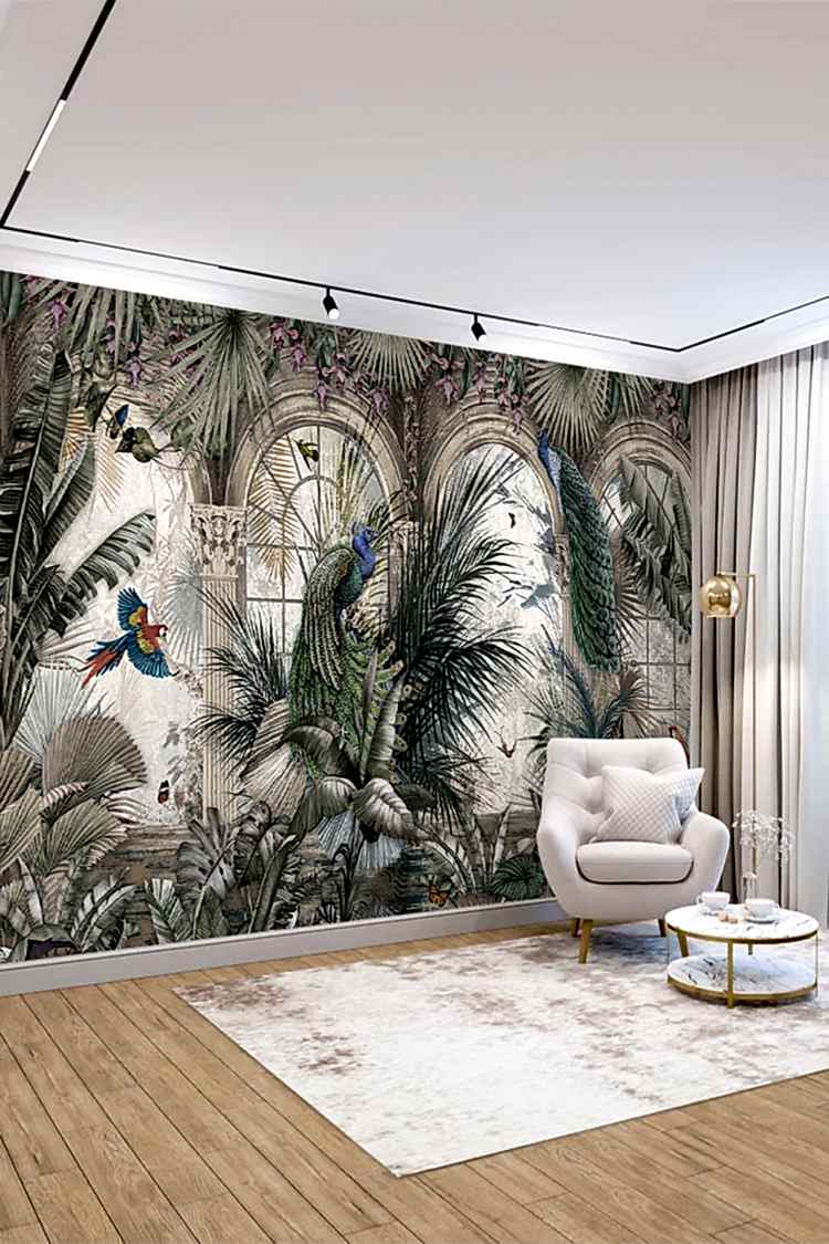 Egzotik Kuşlar ve Tropikal Bitkilerle Duvar Kağıdı - Görsel 4