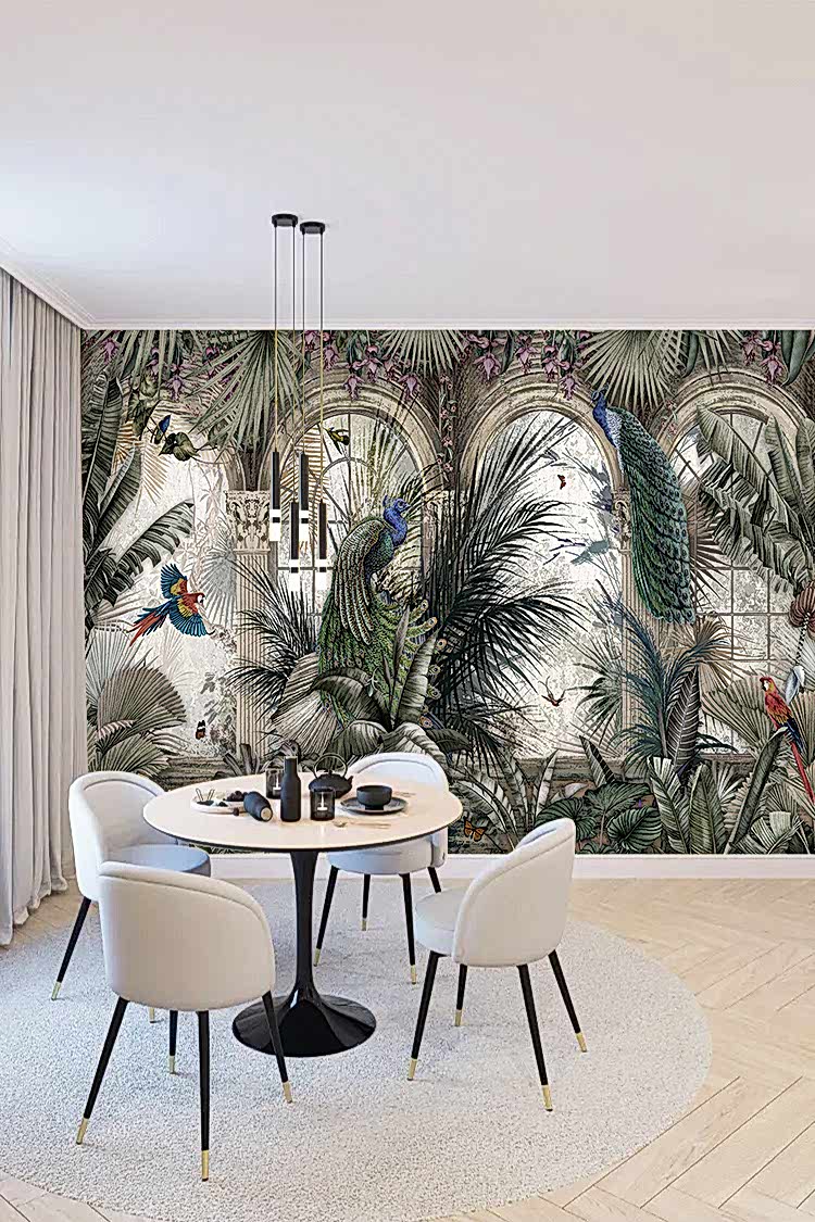 Egzotik Kuşlar ve Tropikal Bitkilerle Duvar Kağıdı