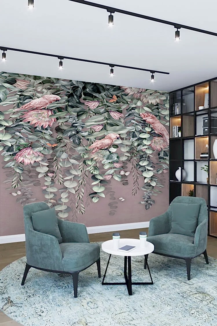 Tropikal Çiçek ve Kuş Desenli Duvar Kağıdı - Görsel 2