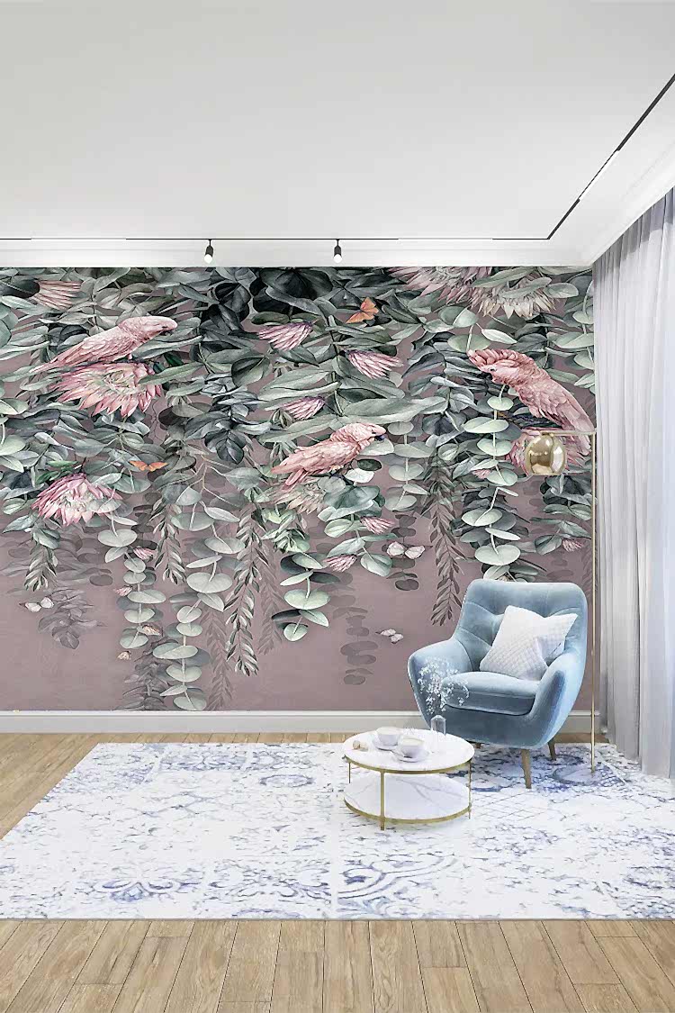 Tropikal Çiçek ve Kuş Desenli Duvar Kağıdı - Görsel 3