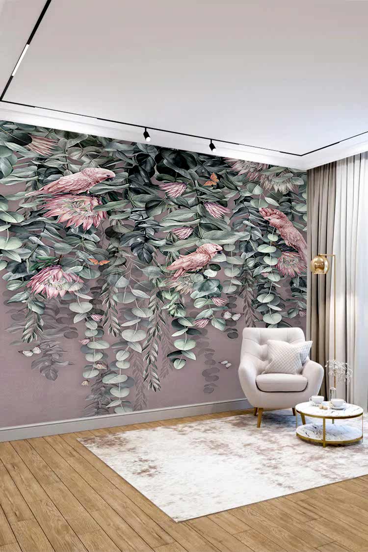 Tropikal Çiçek ve Kuş Desenli Duvar Kağıdı - Görsel 4