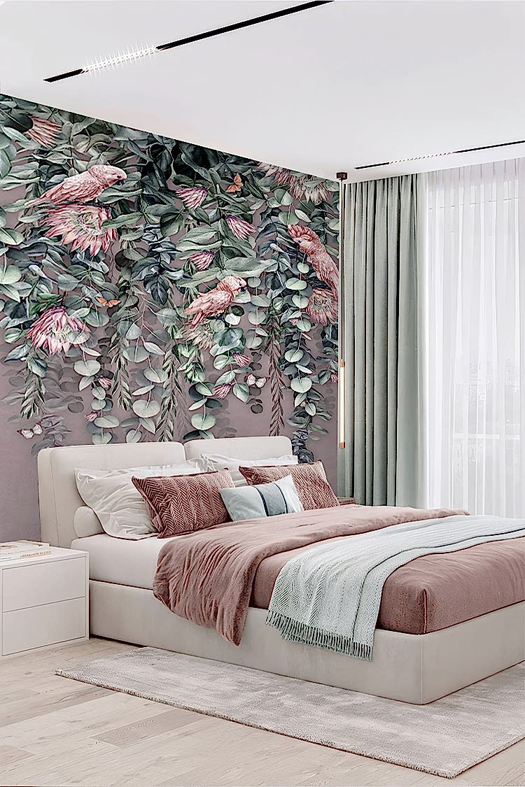 Tropikal Çiçek ve Kuş Desenli Duvar Kağıdı - Görsel 6