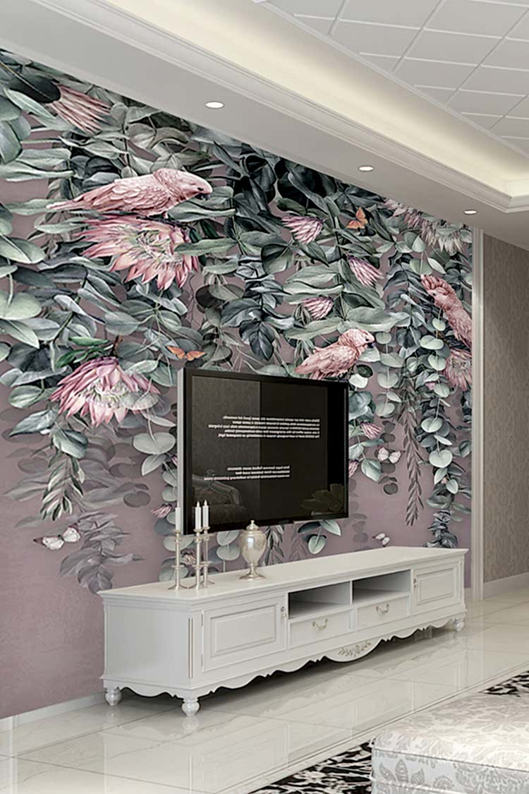 Tropikal Çiçek ve Kuş Desenli Duvar Kağıdı