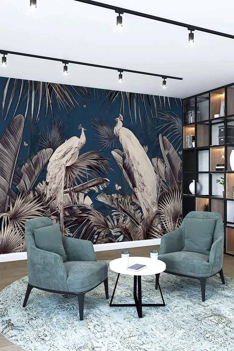 Tavus Kuşu ve Tropikal Desenli Duvar Kağıdı