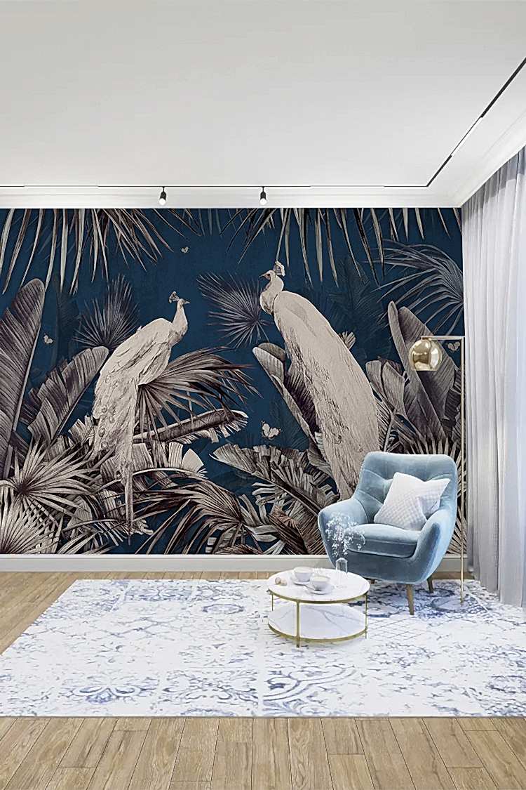 Tavus Kuşu ve Tropikal Desenli Duvar Kağıdı - Görsel 2