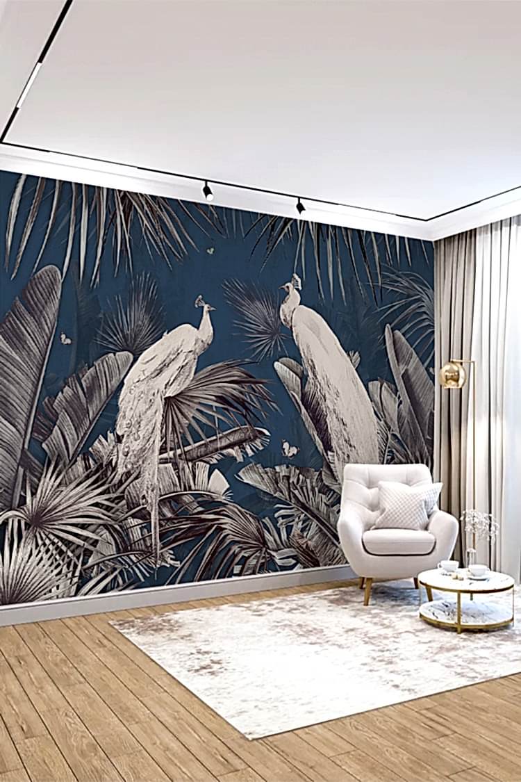 Tavus Kuşu ve Tropikal Desenli Duvar Kağıdı - Görsel 3