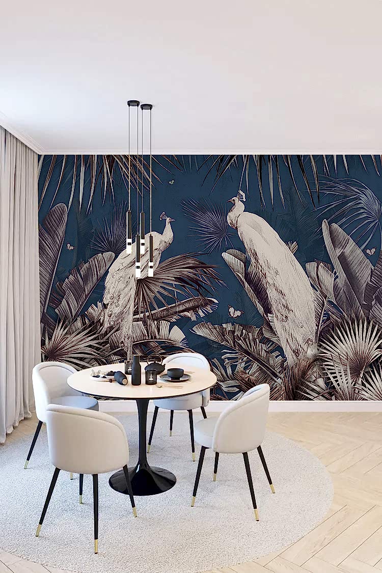 Tavus Kuşu ve Tropikal Desenli Duvar Kağıdı - Görsel 4